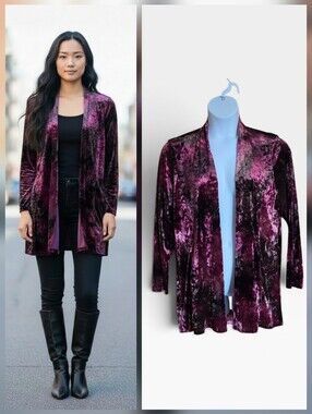 Susan Graver Crushed Velvet Cardigan Sz XL Maroon Brown Whimsigoth Boho Witchy